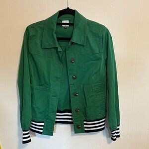 CAbi Mod bomber Green Varsity Jacket with Striped Hem